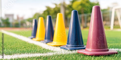 Wallpaper Mural Colorful training cones lining green artificial turf for sports agility, athletic practice, and skill drills Torontodigital.ca