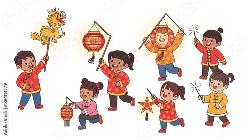Children Celebrating Cultural Festival with Traditional Attire and Props in Vibrant Illustrations