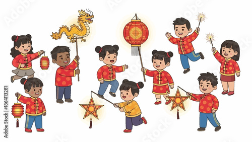 Children Celebrating Cultural Festival with Traditional Attire and Props in a Joyful Atmosphere