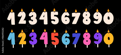 Birthday numbers set in flat style. Simple numbers 0 to 9. Festive doodle birthday decorations for anniversary party invitation, greeting card. Vector illustrations