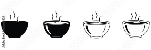 Soup bowl meal vector icon set, showcasing different types of soup bowls, hot dishes, food ingredients,