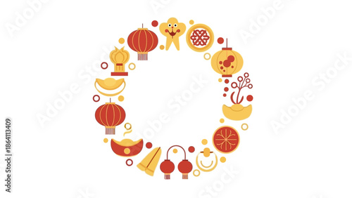A circular arrangement of traditional cultural symbols and decorations in red and gold hues