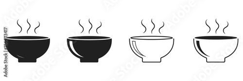 Soup bowl meal vector icon set, featuring steaming soup bowls, utensils, ingredients, hot meals, cozy food icons, and clean modern vector illustrations for culinary and restaurant projects.