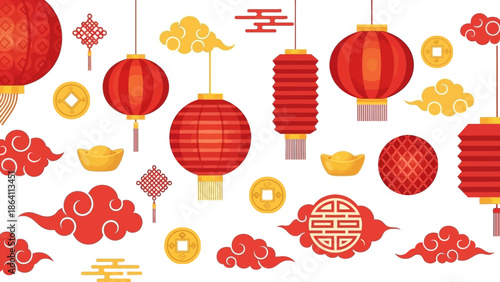 Vibrant red lanterns and golden ornaments suspended in mid-air against a white background, celebrating a festive cultural event with intricate designs and patterns.