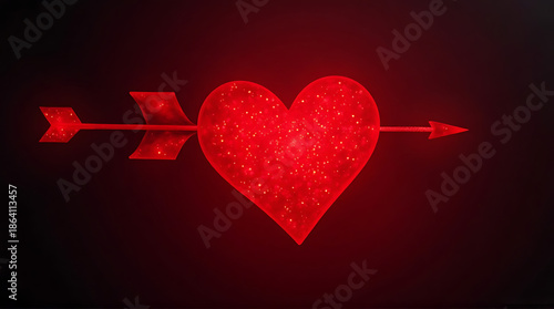 Glowing neon heart pierced by arrow in dark dramatic background