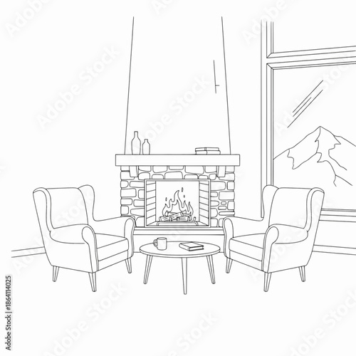 Cozy ski resort lodge fireplace with armchairs