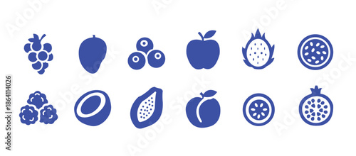 Food fruits glyph icon set. Vector pictograms of banana, strawberry, pineapple, watermelon, grapes, mango, blueberries, peach, cherry, lemon, avocado, pear, kiwi, black sign silhouette illustration.