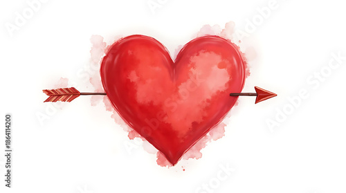 Watercolor painting heart pierced by arrow soft romantic style