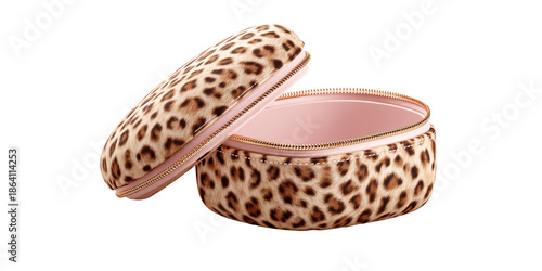 Wallpaper Mural Stylish leopard print makeup bag with pink interior and gold zipper, open and empty, showcasing fashion and beauty accessory Torontodigital.ca
