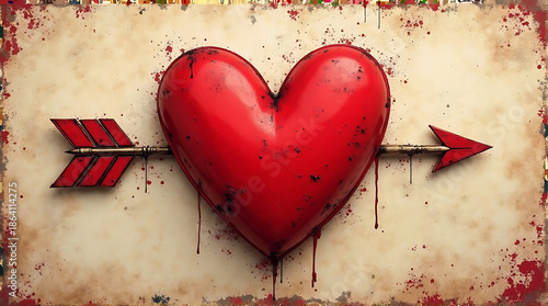 Grungy red heart struck by arrow on stained parchment paper
