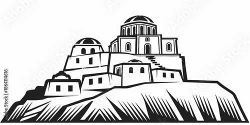 Ancient temple complex on a hilltop with domed structures