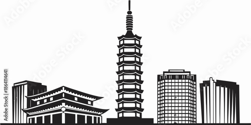 Taipei cityscape with iconic pagoda style tower and modern skyscrapers