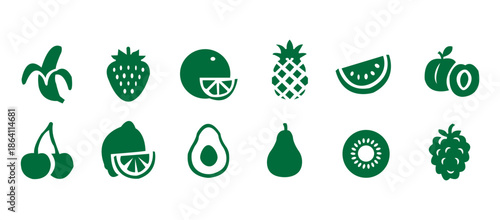 Food fruits glyph icon set. Vector pictograms of banana, strawberry, pineapple, watermelon, grapes, mango, blueberries, peach, cherry, lemon, avocado, pear, kiwi, black sign silhouette illustration.