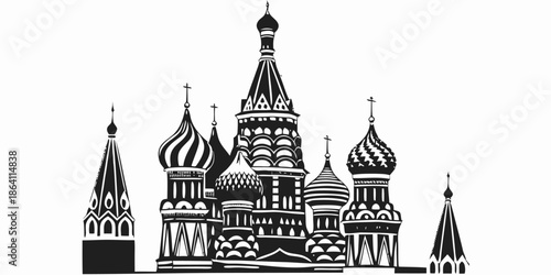 Stunning black and white illustration of St. Basil's Cathedral in Moscow