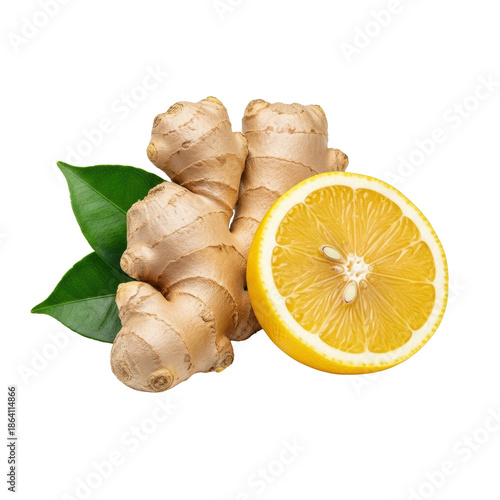 A whole light brown ginger root and halved vibrant yellow lemon revealing juicy pulp, with two dark green leaves, against a transparent background, concept of natural remedies and healthy eating