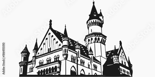 Majestic castle with towers and turrets in black silhouette
