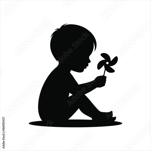 Silhouette of Little Child Holding Flower, Innocence and Hope Concept Illustration