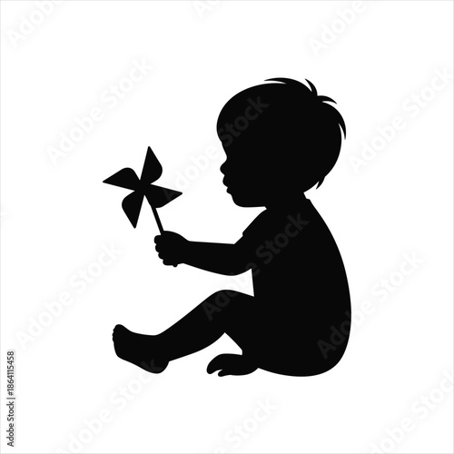 Baby Silhouette Sitting and Holding Pinwheel Isolated on White Background