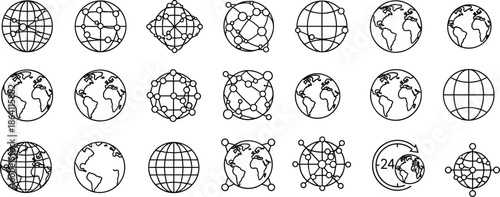 Global network technology icons set, world map earth globes collection, communication data connection flat vector