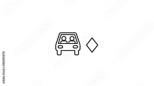 Carpool lane icon, HOV lane sign with car and passengers, line art vector.