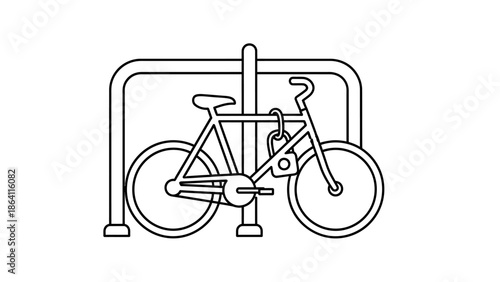 Bicycle parked on a bike rack with padlock, thin line icon vector illustration.
