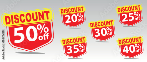 Discount buy now label pop-up banner with different sale percentage. 20, 25, 30, 35, 40, 50 percent off price reduction badge promotion, red discount sale tags with percentages