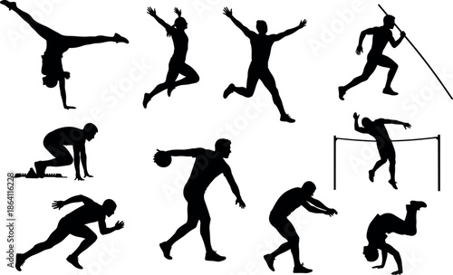 Athletic sports action silhouettes set featuring running, jumping, throwing, gymnastics, sprinting, and track field poses isolated vector