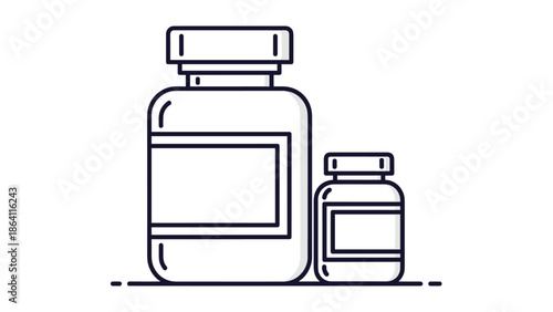 Minimalist line art icon of two medicine bottles, one large and one small, representing pharmaceuticals, vitamins, supplements, or a pharmacy.