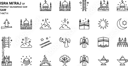 Isra Mi'raj Prophet Muhammad SAW Night Journey Line Art Vector Icons