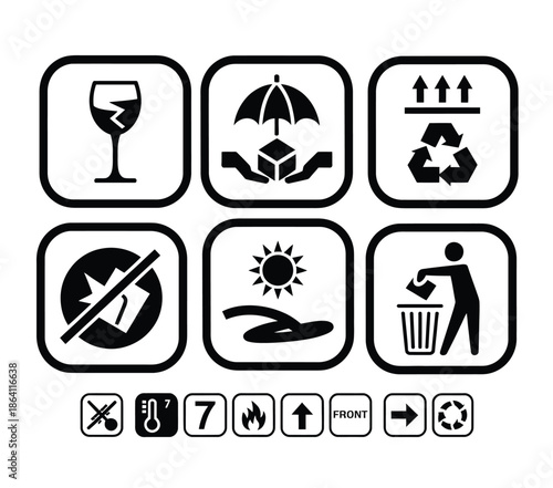Transportation packing icon set vector, showcasing packaging, parcels, freight boxes, delivery trucks, shipping labels, handling instructions,