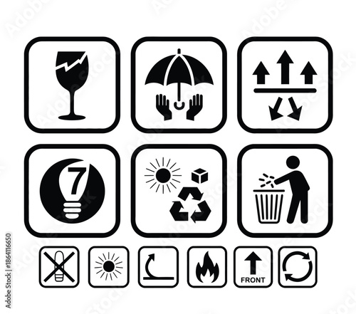 Transportation packing icon set vector, featuring delivery boxes, shipping containers, cargo symbols