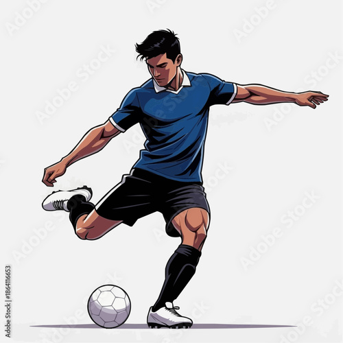 A cartoon illustration of a man kicking a soccer ball on white background