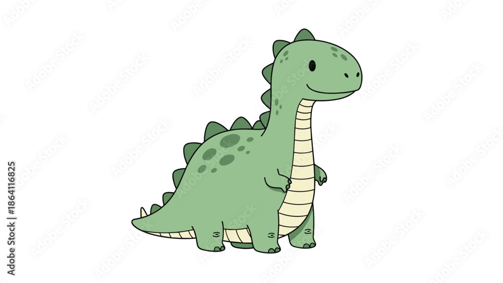 Fototapeta premium Sweet and friendly cartoon of a little green dinosaur standing and smiling, isolated on a white background, perfect for children's illustrations and party themes.