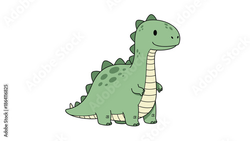 Sweet and friendly cartoon of a little green dinosaur standing and smiling, isolated on a white background, perfect for children's illustrations and party themes.