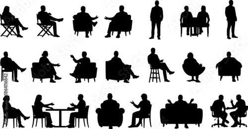 Business people silhouettes sitting and talking set vector illustration professional meeting discussion interview office lifestyle design