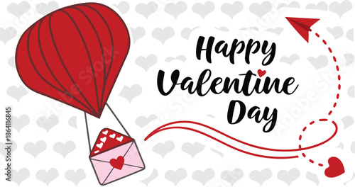 Valentine's day hot air balloon with envelope and hearts