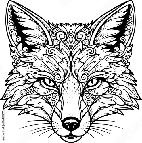 Ornamental Fox Head Vector Line Art Tattoo or Coloring Book Design