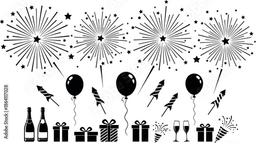 Celebration party elements silhouette vector set with fireworks balloons gifts champagne bottles isolated on white background for festive design projects