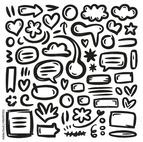 Thick line hand drawn doodle shapes with soft shading for 3d look sticker design and playful creative layouts vector illustration