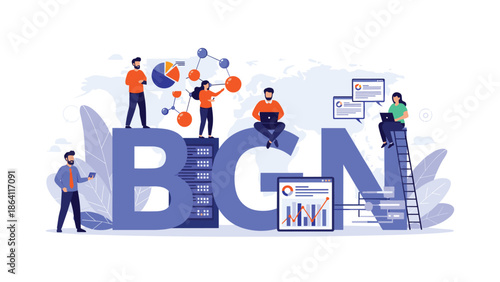 Business concept illustration with the acronym BGN, showing a team of professionals analyzing data, working with servers, and managing charts for a corporate presentation.
