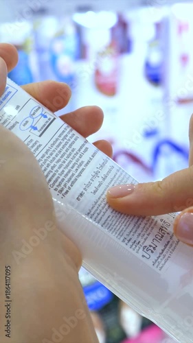 Close up of a female customer carefully reading the label and ingredients on a cosmetic cream tube while shopping for skincare products in a retail store or pharmacy