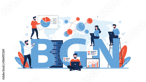 Business teamwork concept with the acronym BGN, featuring miniature people working with data servers, financial charts, and laptops on a world map background.