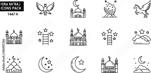 Isra Mi'raj Icons Pack: Prophet Muhammad's Night Journey, Mosque, Buraq, Stars