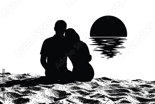 Couple watching sunset on beach isolated on white background, Vector, illustration