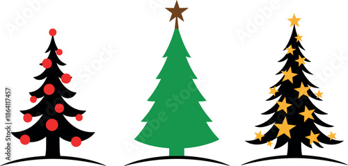 Christmas tree illustration set featuring decorated pine trees with stars and ornaments isolated on white background for holiday design projects