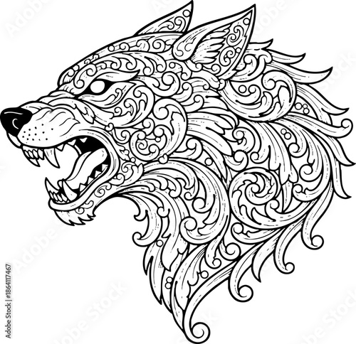 Wallpaper Mural Intricate ornate roaring wolf head line art illustration graphic Torontodigital.ca