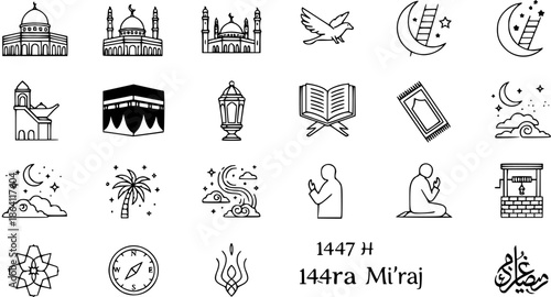 Islamic Icons Set: Mosques, Kaaba, Quran, Prayer, and Mi'raj Symbols