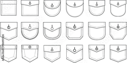Clothing pocket outline illustration set showing various stitched pocket shapes isolated on white background for fashion design and apparel projects