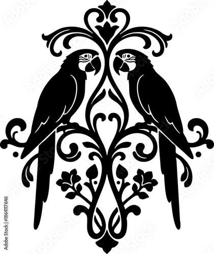 Decorative silhouette of two macaws on baroque floral ornament