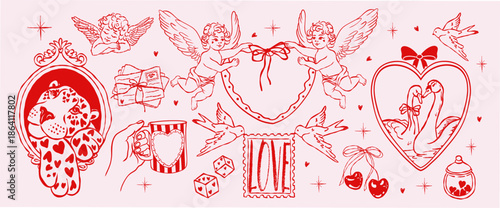 Hand-drawn Valentine illustration set of trendy doodles in red crayon for with hearts, doves, frames, swan, letters, cup, leopard, bows and cupid. Romantic vintage sketch style for cards, stickers